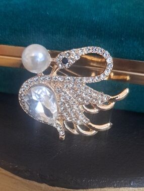 Gold Swan Brooch with Clear Crystals and Pearl Accent